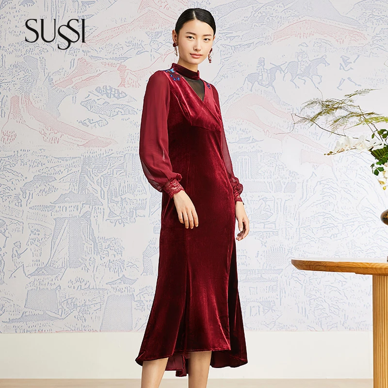 SUSSI/古色夏季新品商场同款新年红装妈妈婚宴礼服刺绣连衣裙