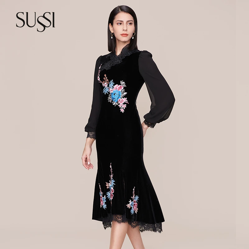 SUSSI/古色24秋冬黑色新中式刺绣高级感连衣裙女91AV4060640