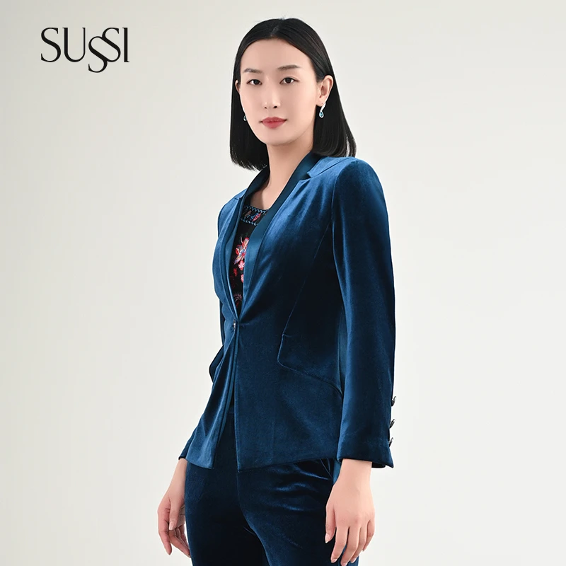 SUSSI/古色24春商场同款蓝色轻奢通勤丝绒西装短款外套女