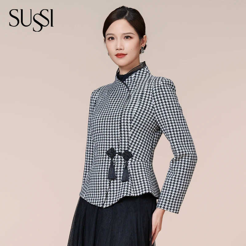 SUSSI/古色24冬季新品商场同款黑色中式经典千鸟格短款外套女装