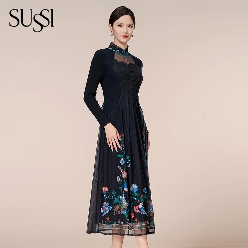 SUSSI/古色24冬季新品青衣黑高级刺绣收腰连衣裙女装111AY406076