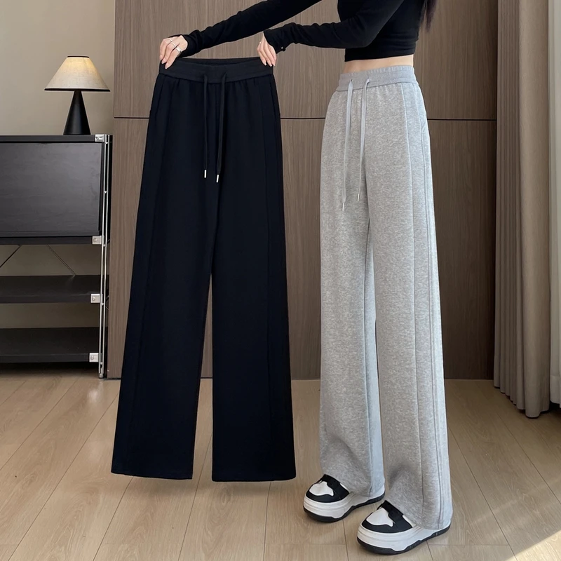 窄版香蕉裤女2025新款春秋冬加绒灰色纯棉运动休闲卫裤直筒阔腿裤