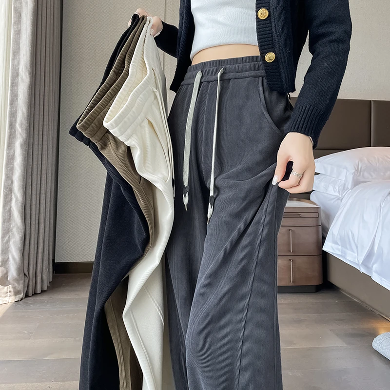 雪尼尔阔腿裤女春秋季高腰加绒裤子女冬季休闲运动香蕉窄版直筒裤