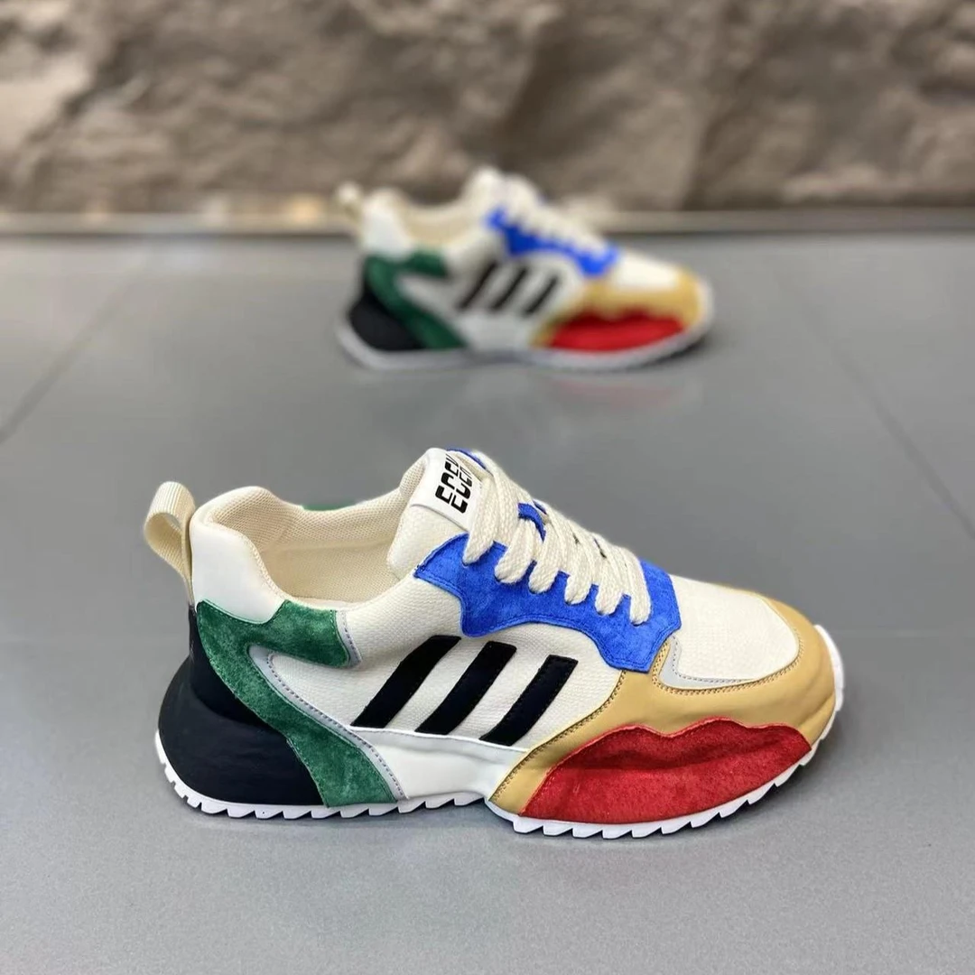 秋季潮牌三道杠运动休闲鞋男潮流百搭厚底增高皮面老爹鞋