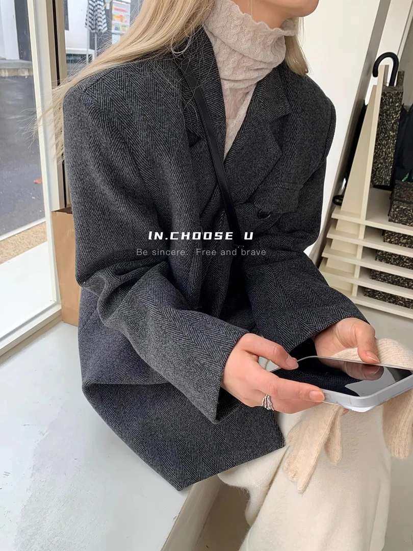 【清】】NO退换ONEXH·IN choose u2024冬人字纹夹棉外套韩版毛呢西装