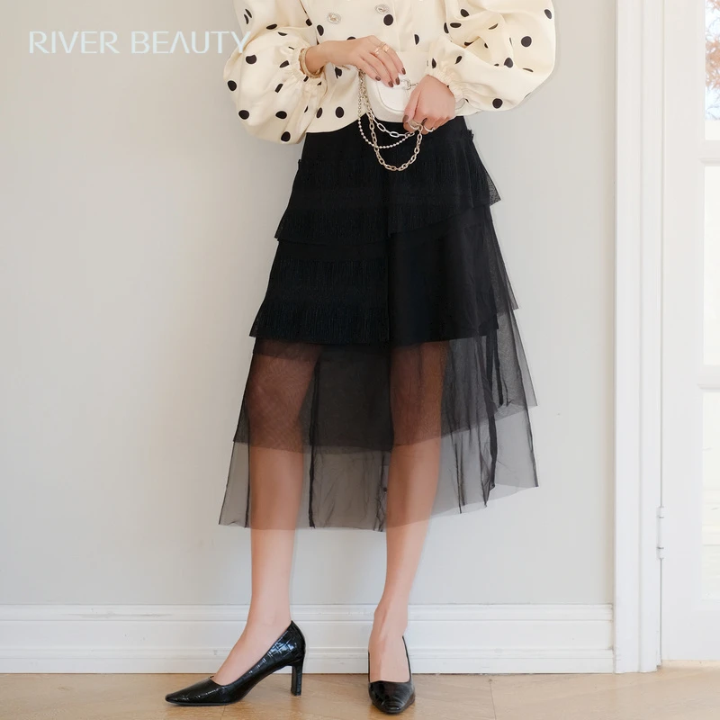 【粉丝专享】RB 设计感小众黑色裙子女网纱半身裙 RQ22179023