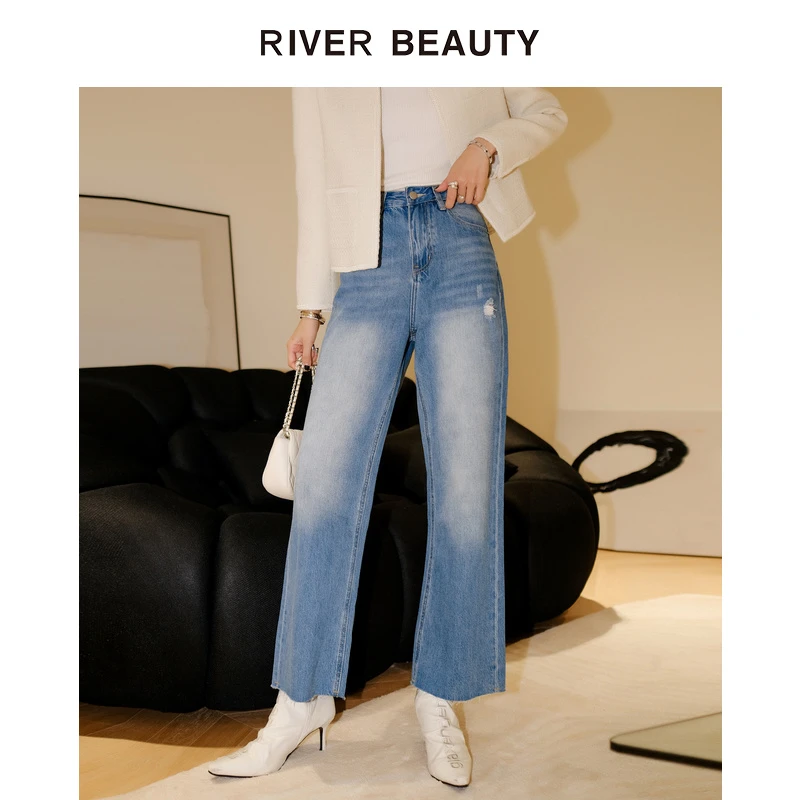 【粉丝专享】RB 新款蓝色自然纯棉破洞牛仔长裤水洗 RK21407736