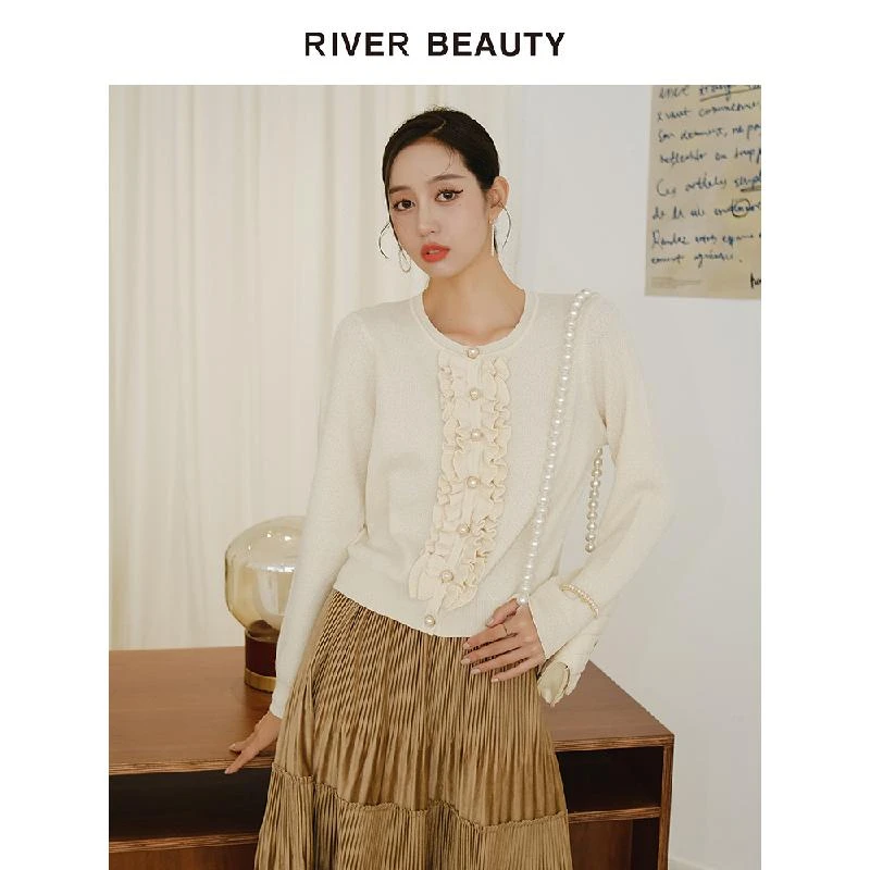 【黄蓉推荐】RB 圆领毛织开衫钉珠木耳边装饰针织衫 RM21317896