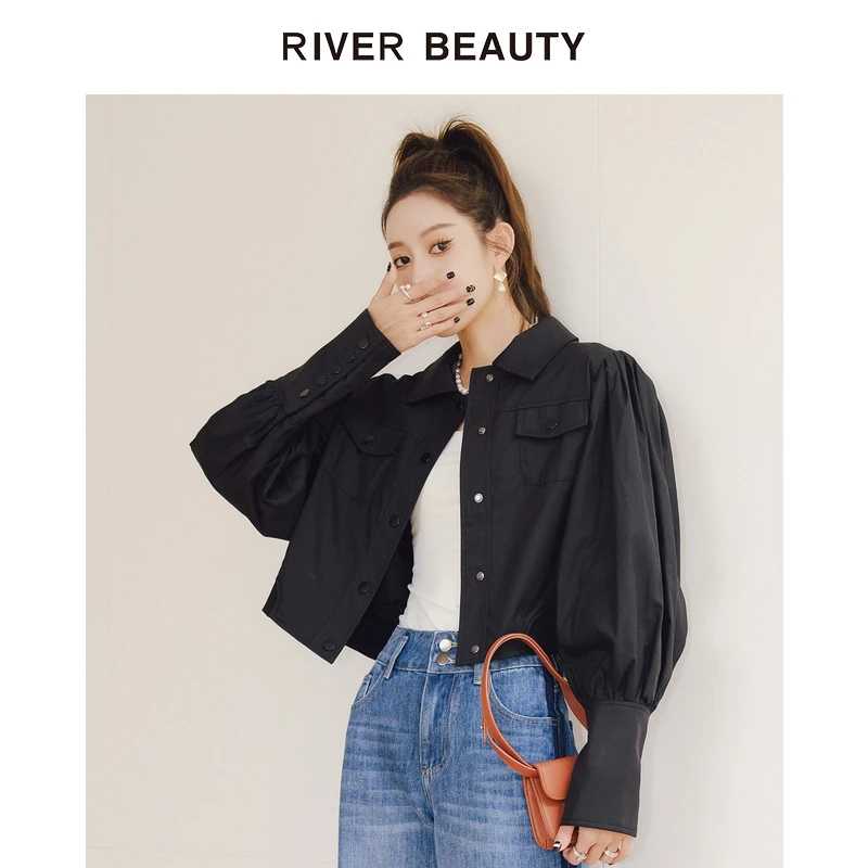 【CC专属】RB 洋气翻领休闲夹克长袖百搭黑色短外套 RJ21327138