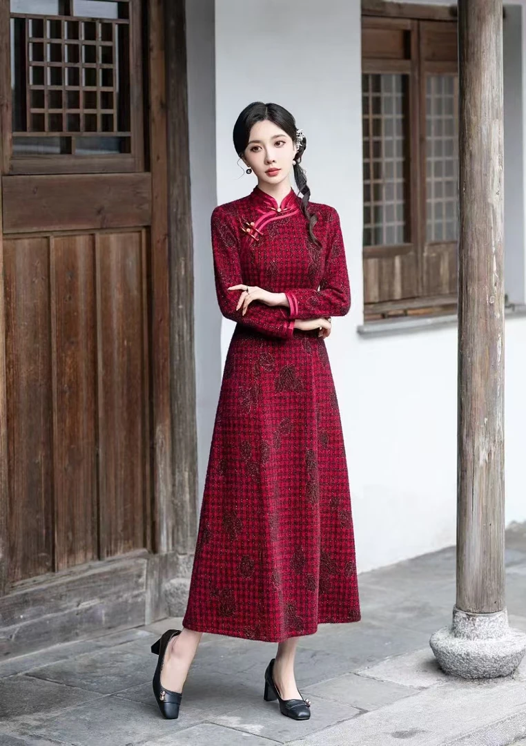 【格屿】993秋冬新款加厚澳绒改良气质优雅端庄改良旗袍显瘦连衣裙