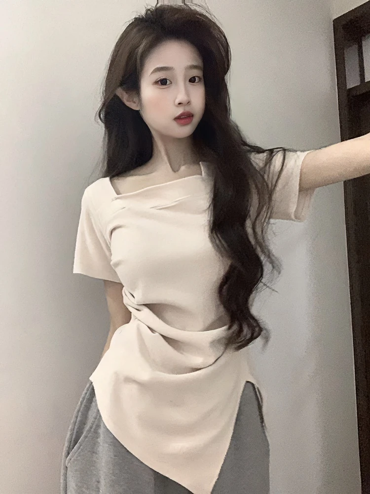 时尚甜美小众短袖T恤夏季新款不规则开叉设计高级感显瘦气质上衣