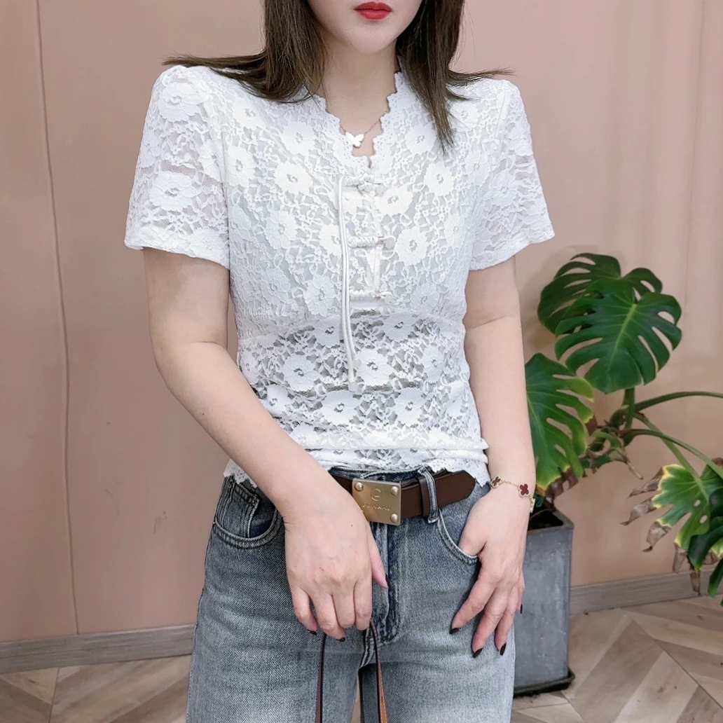 2024春夏季新品时尚打底衫百搭显瘦设计感V领短袖T恤女士上衣7336