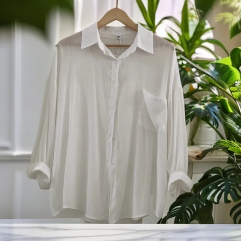 2024女夏季时尚简约休闲韩版宽松纯色薄款长袖百搭白色防晒衬衣