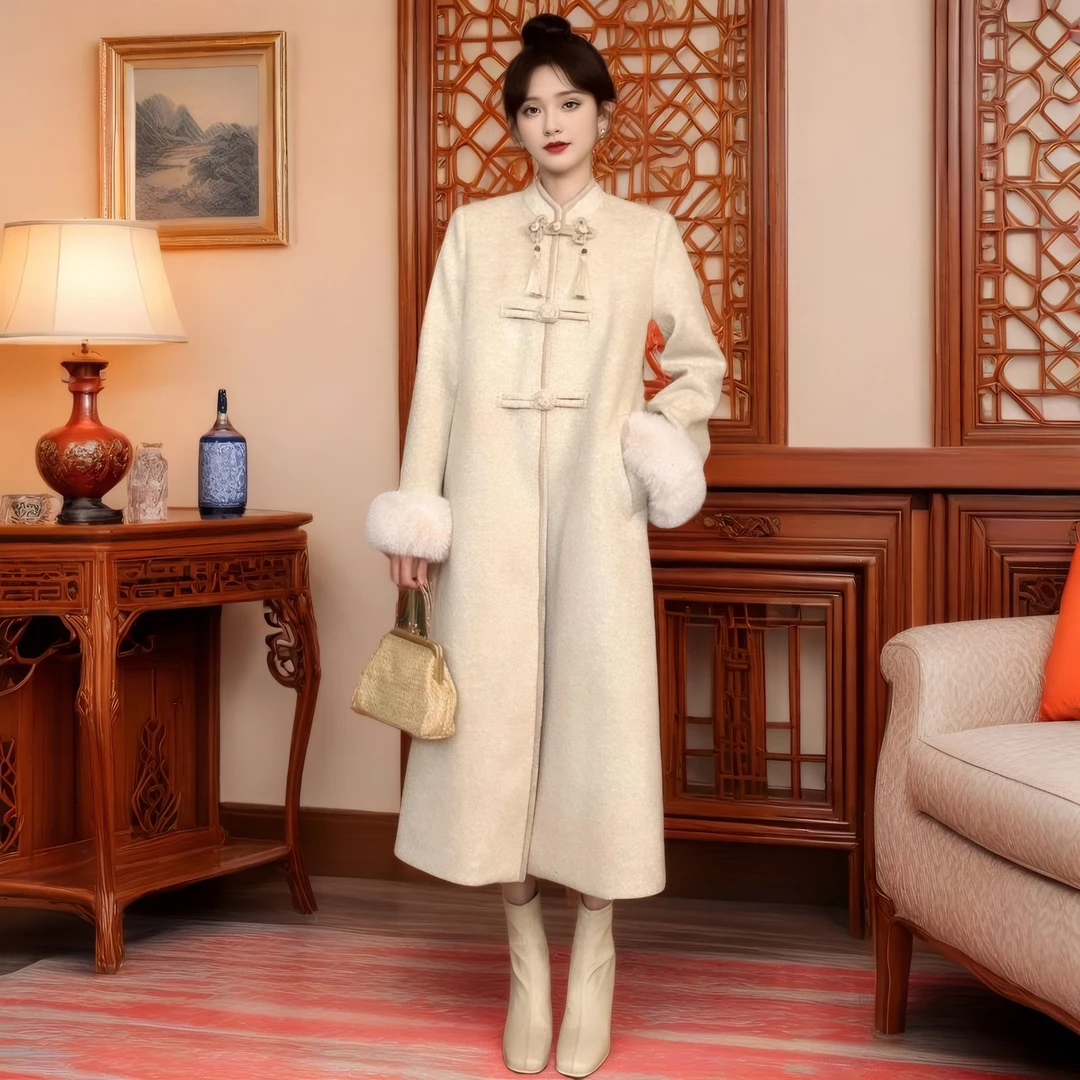 新中式大衣国风盘扣毛呢外套女秋冬新款显瘦立领过膝中长款上衣
