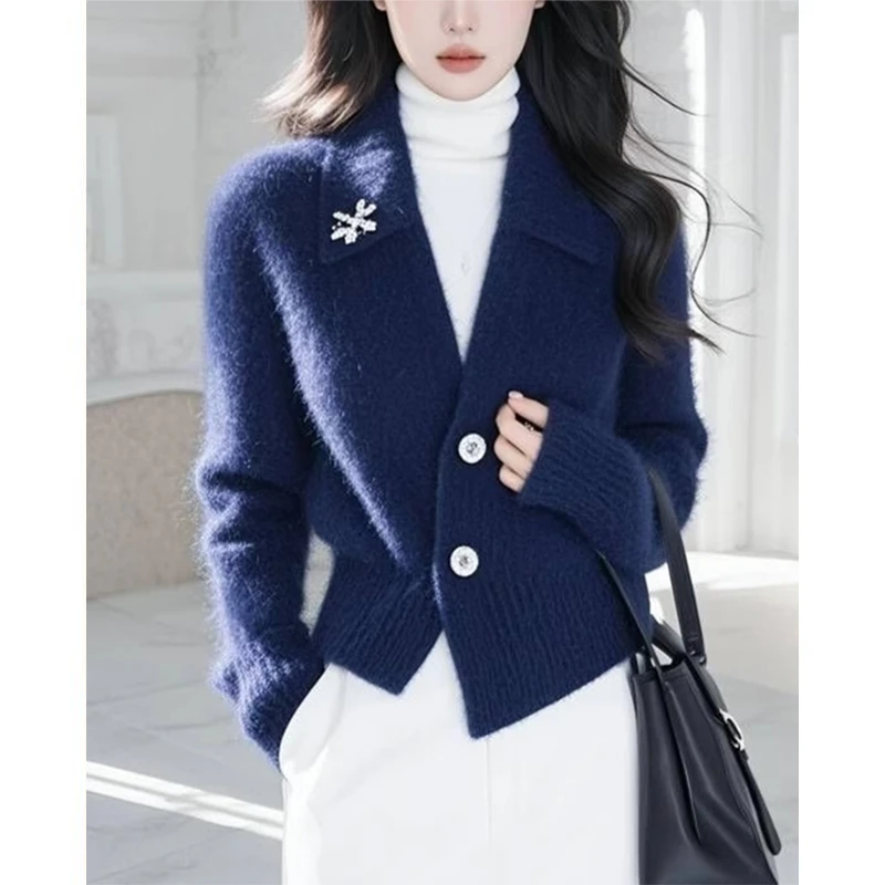 藏蓝色马海毛毛衣外套女春季新款软糯慵懒风气质针织开衫外穿上衣