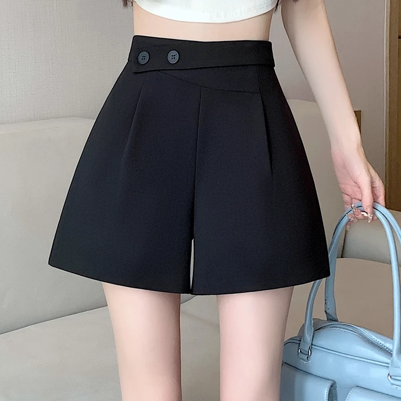 黑色西装休闲短裤女2024夏季新款A字高腰宽松显瘦时尚百搭阔腿裤