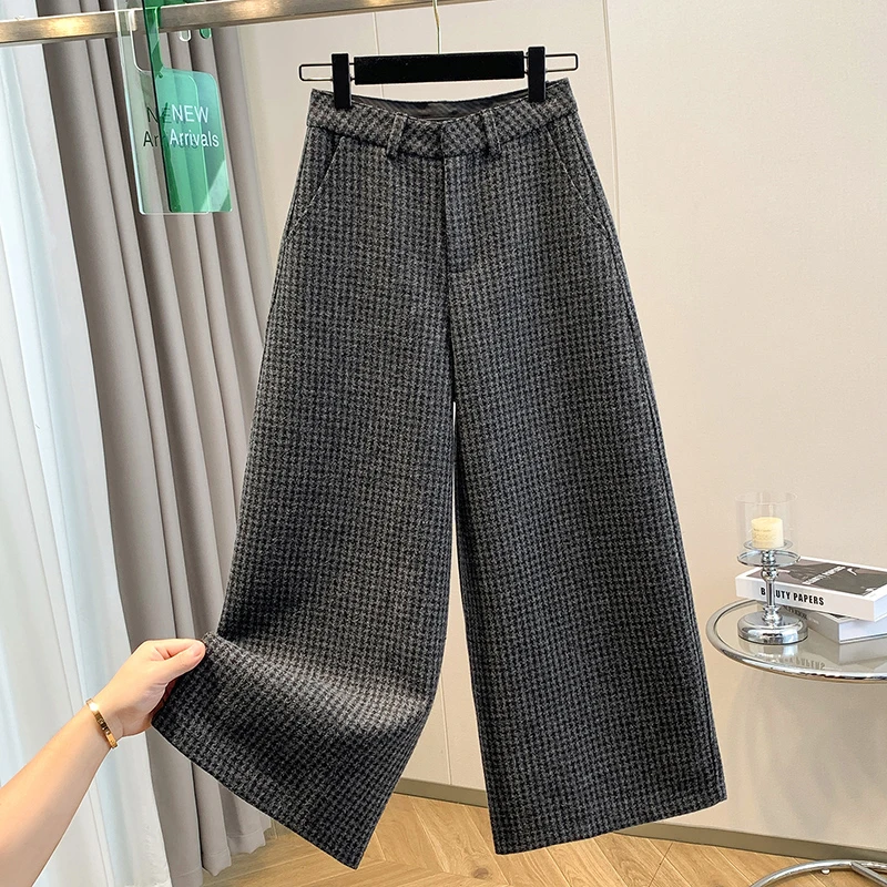 复古高腰直筒毛呢阔腿裤子女春季新款大码宽松休闲加厚格子九分裤