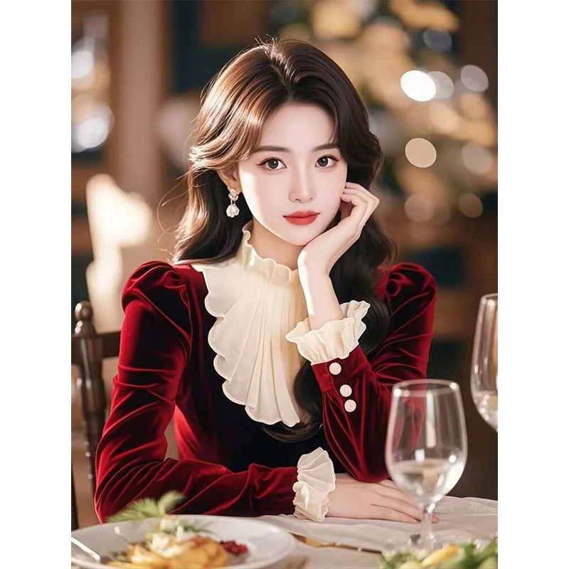 法式丝绒红色长袖衬衫女春季新款高级感荷叶边修身显瘦气质上衣