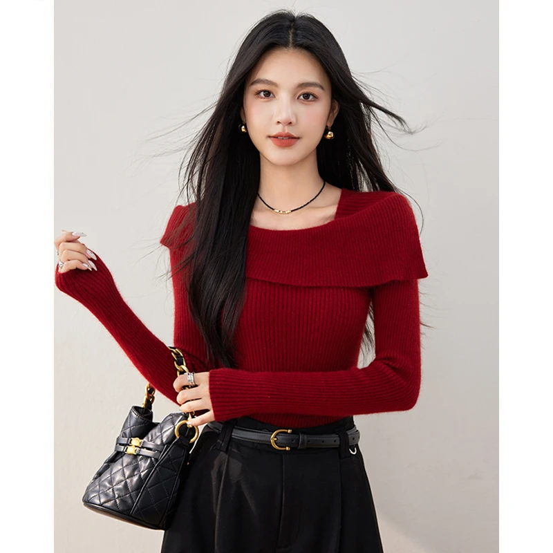 不规则一字肩拼接针织衫女士秋季新款修身显瘦打底衫百搭时尚上衣
