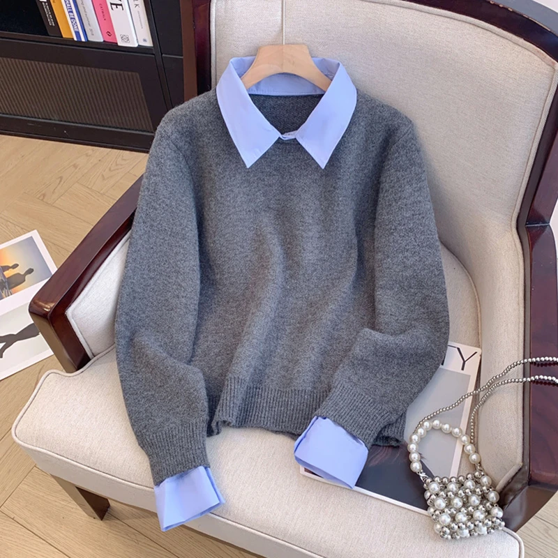 慵懒风撞色翻领拼接针织衫女秋季新款修身显瘦打底衫百搭时尚上衣