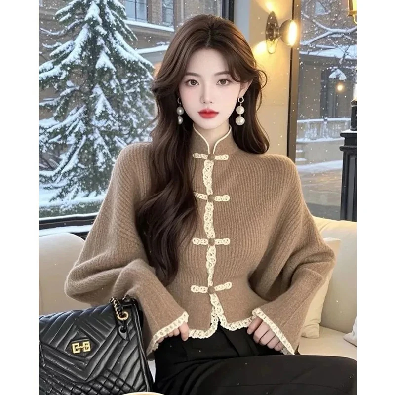 新中式国风毛衣女春季新款盘扣高级感气质小众收腰长袖针织衫上衣