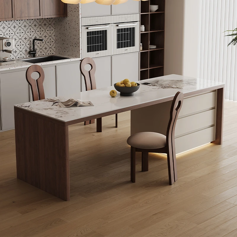 中古风齐平岛台餐桌一体储物式简约现代高级感岩板法式中倒台餐桌