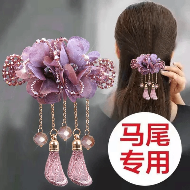 气质古风弹簧夹发卡花朵马尾夹水晶绢纱流苏顶夹发夹妈妈发饰百搭