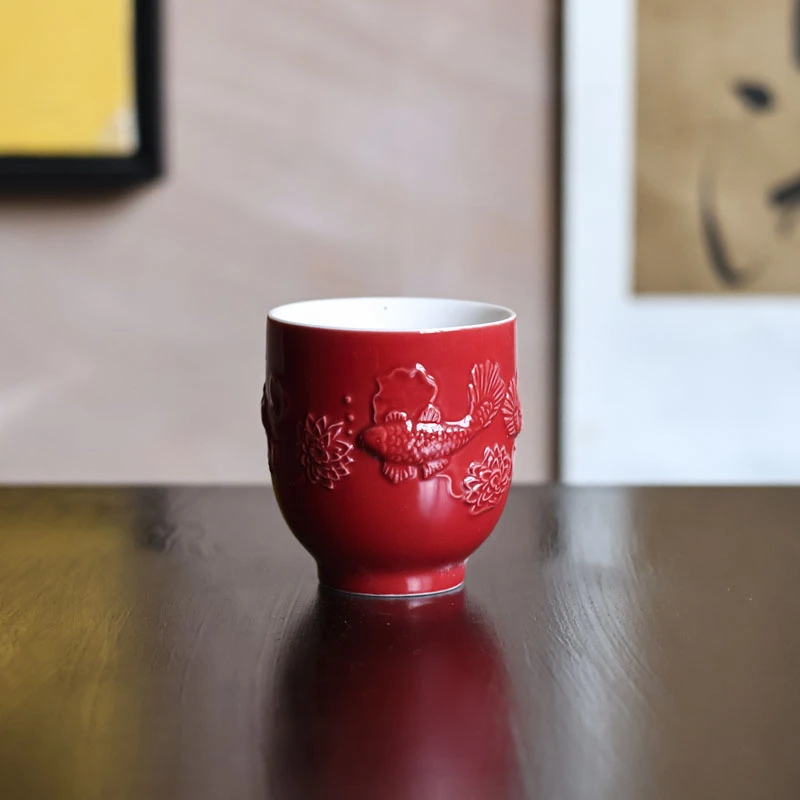【小田甄陶】红色鱼杯（Q3476）