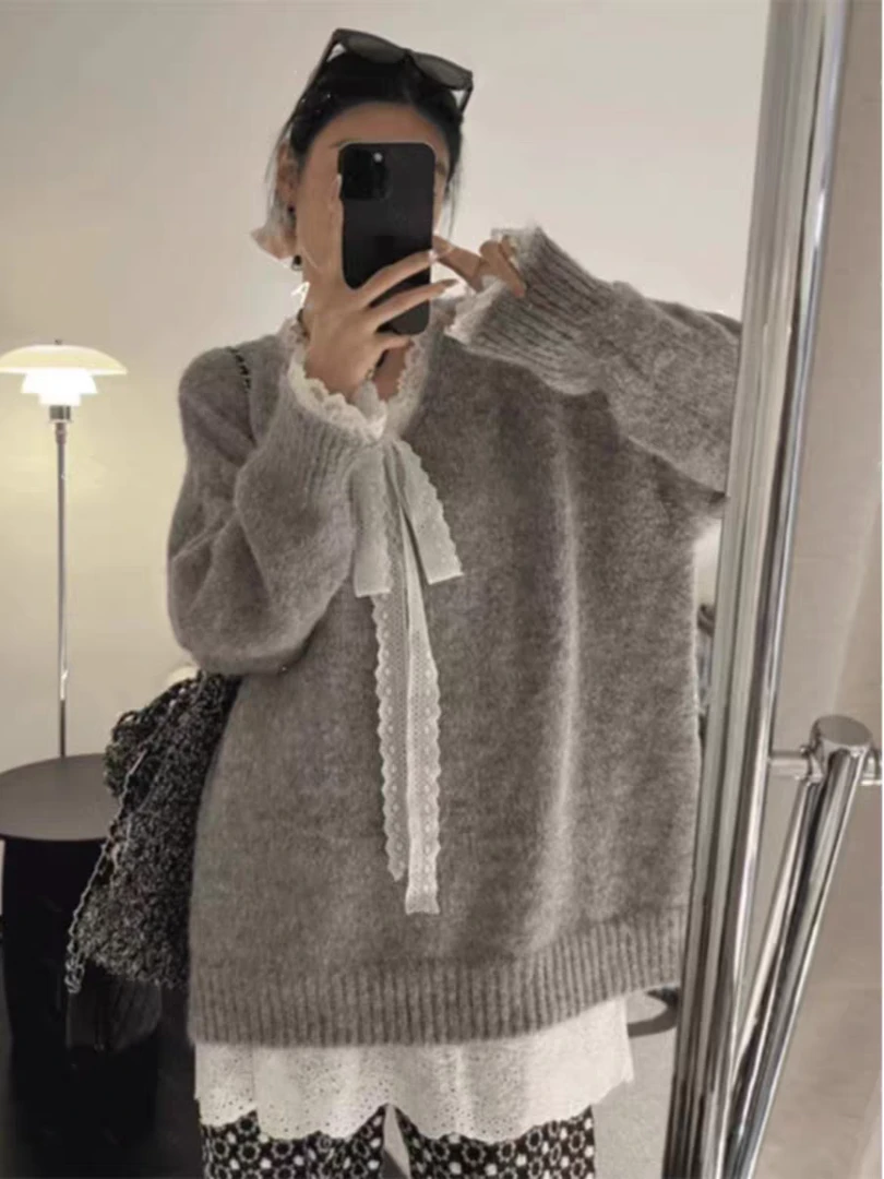 大码V领长袖毛衣慵懒高级感女装秋季2025新款胖MM针织衫显瘦上衣