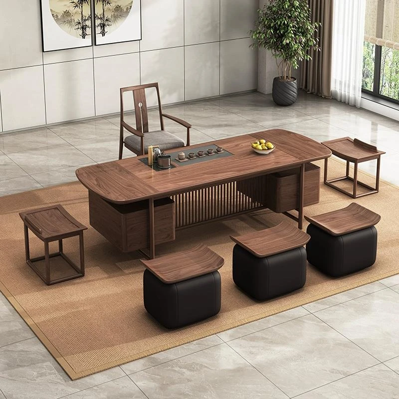 新中式实木茶桌椅组合禅意功夫茶几简约茶台黑胡桃木办公室泡茶桌