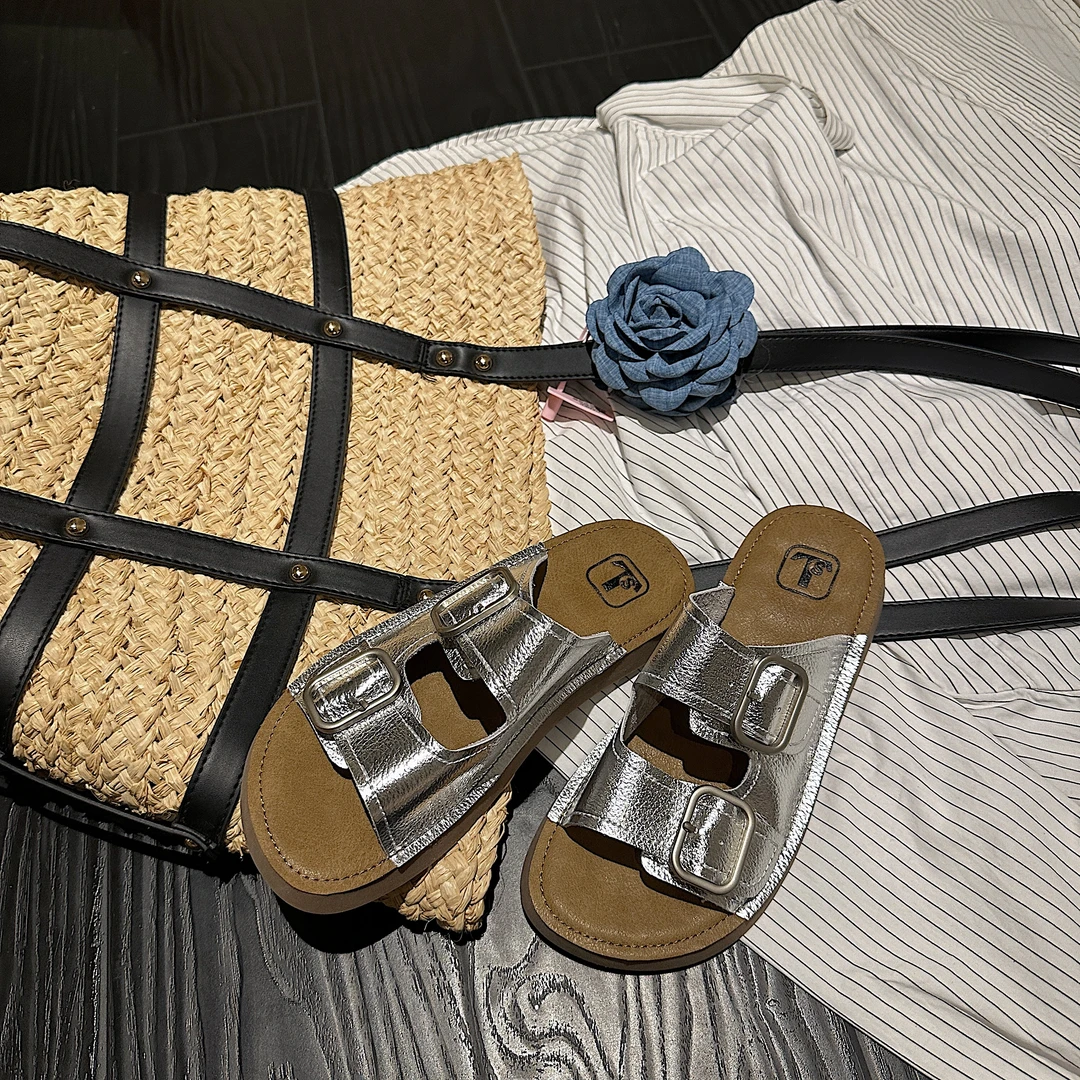 TS/TS时尚休闲勃肯鞋2024百搭外穿懒人一脚蹬露趾一字带凉拖鞋