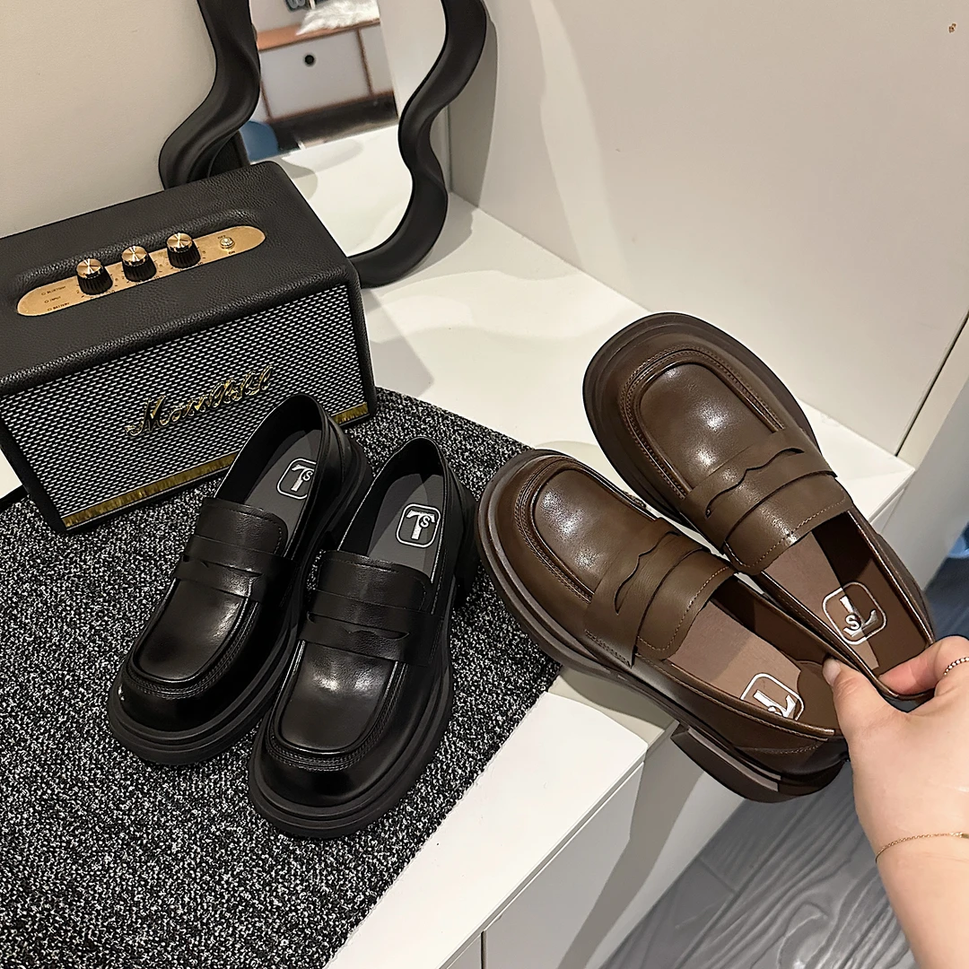 TS单鞋2024秋季新款潮流百搭厚底增高英伦风一脚蹬乐福鞋