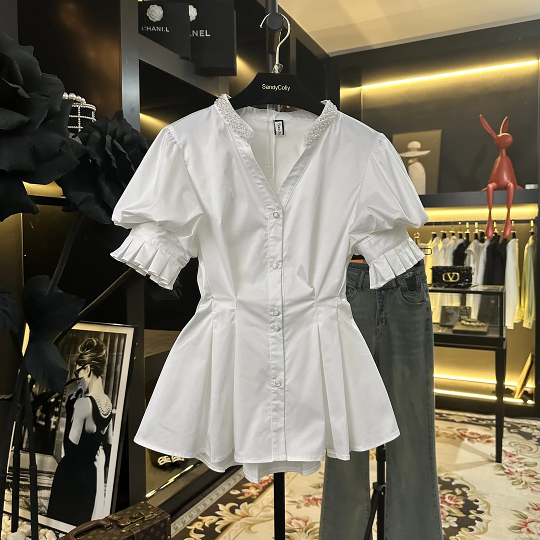 时尚气质设计感V领衬衫女2024夏季新品钉珠显瘦百搭洋气短袖上衣