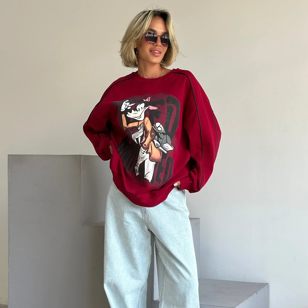 美式高街涂鸦印花圆领卫衣秋季女宽松时尚百搭潮牌长袖运动套头衫