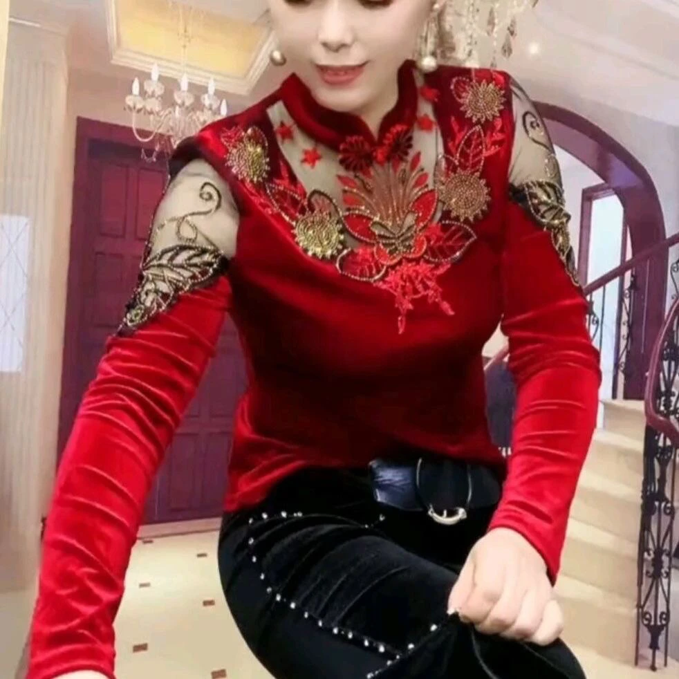 上衣打底衫显瘦长袖盘扣蝴蝶丝绒打底衫