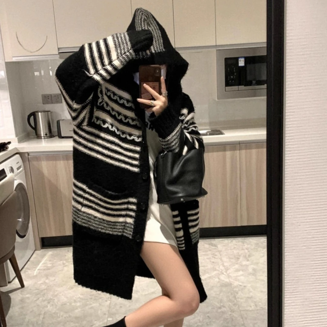 高级感上衣秋冬毛衣外套女开衫古着vintage慵懒高级中长款针织衫