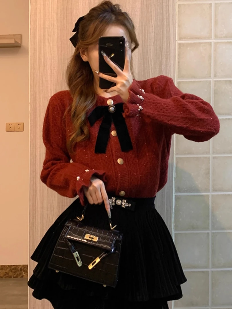 2025春秋季新款红色毛衣女蝴蝶结针织开衫外套小香风洋气厚款上衣