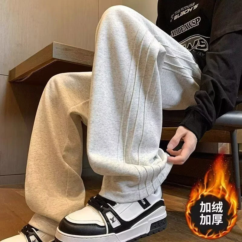 重磅加休闲卫裤男秋冬美式复古灰色阔腿裤子青少年垂感运动长裤