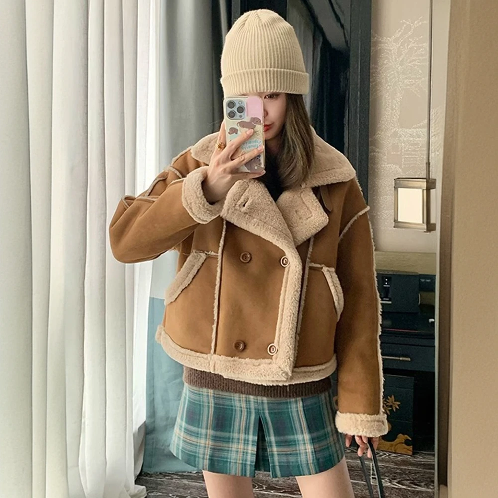 韩版时尚羊羔绒外套女秋冬季2025爆款短款小个子皮毛一体机车棉服