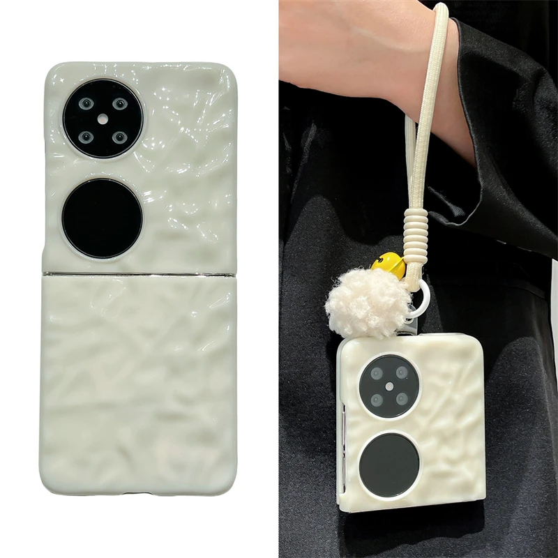 奶白毛绒铃铛适用华为p50pocket手机壳pockets折叠pocket 2保护套