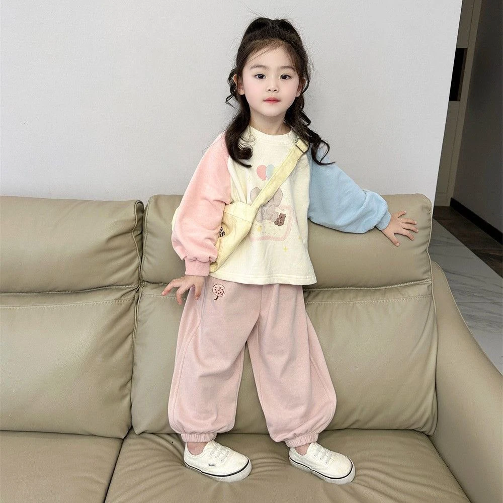 韩国童装女童卫衣春季中小童甜美可爱撞色插肩袖运动裤裤子卫衣