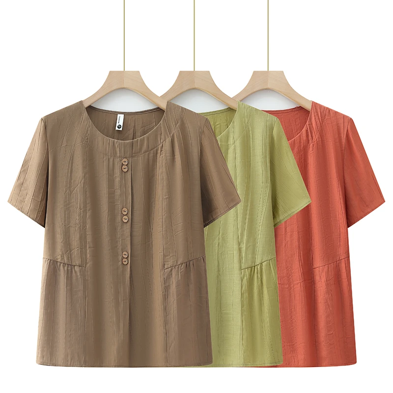 029【苏念】夏季妈妈装时尚洋气圆领百搭宽松遮肚显瘦上衣短薄款