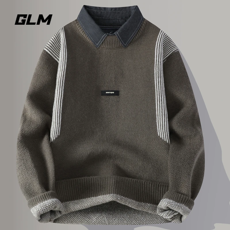 GLM条纹撞色假两件毛衣男冬季潮流青少年宽松保暖衬衫领套头线衣