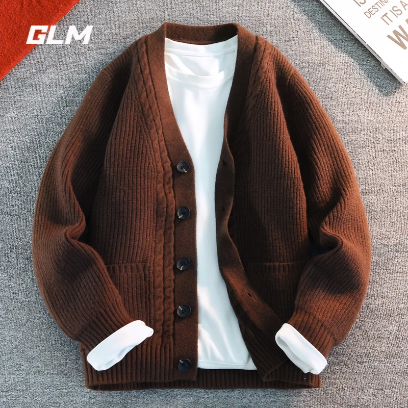 GLM开衫外套男秋冬季简约百搭毛衣青年纯色V领慵懒风保暖针织衫