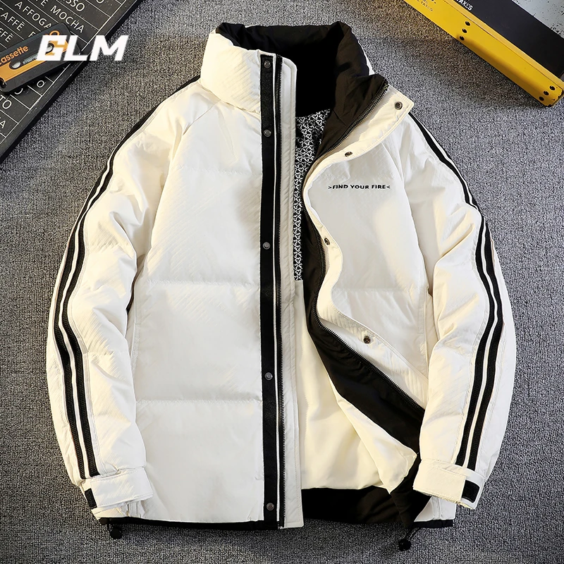 GLM立领羽绒服男士冬季新款青年条纹撞色帅气加厚保暖白鸭绒外套