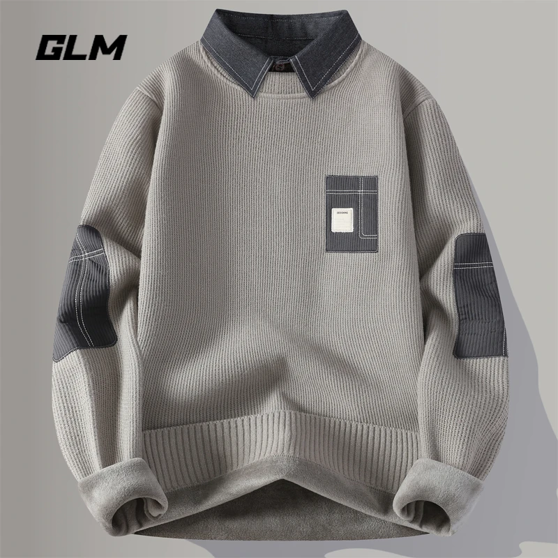 GLM一体绒毛衣男秋冬季潮牌青年拼色假两件休闲保暖衬衫领针织衫