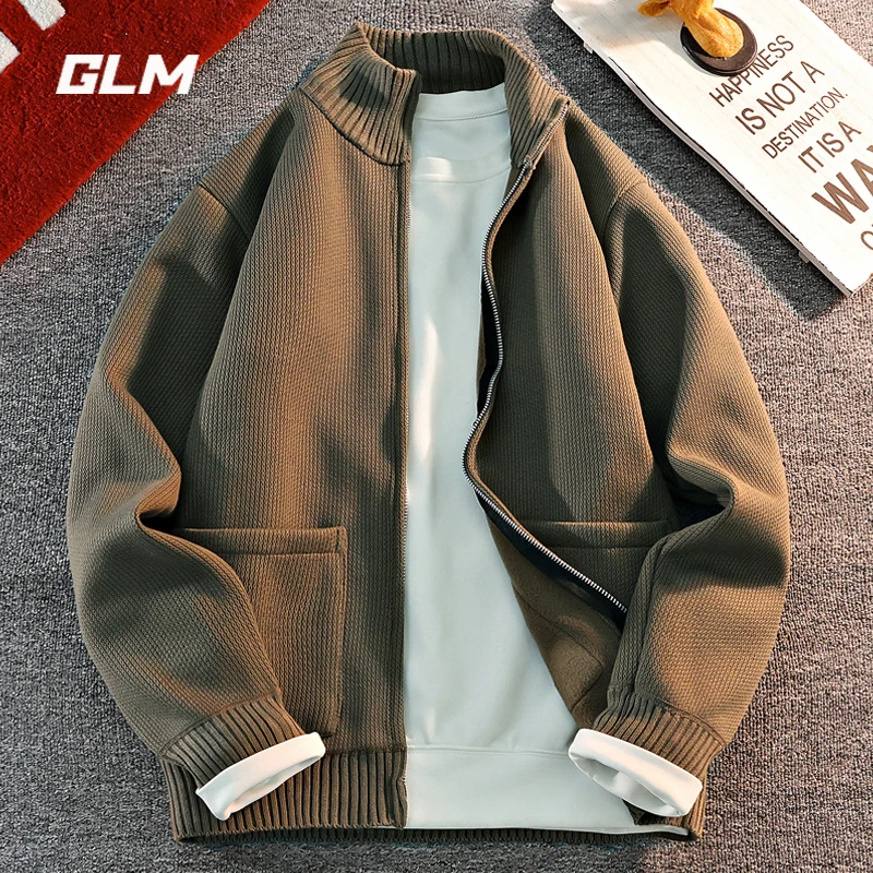 GLM立领毛衣外套男秋冬季潮流青年纯色百搭加绒加厚拉链针织开衫