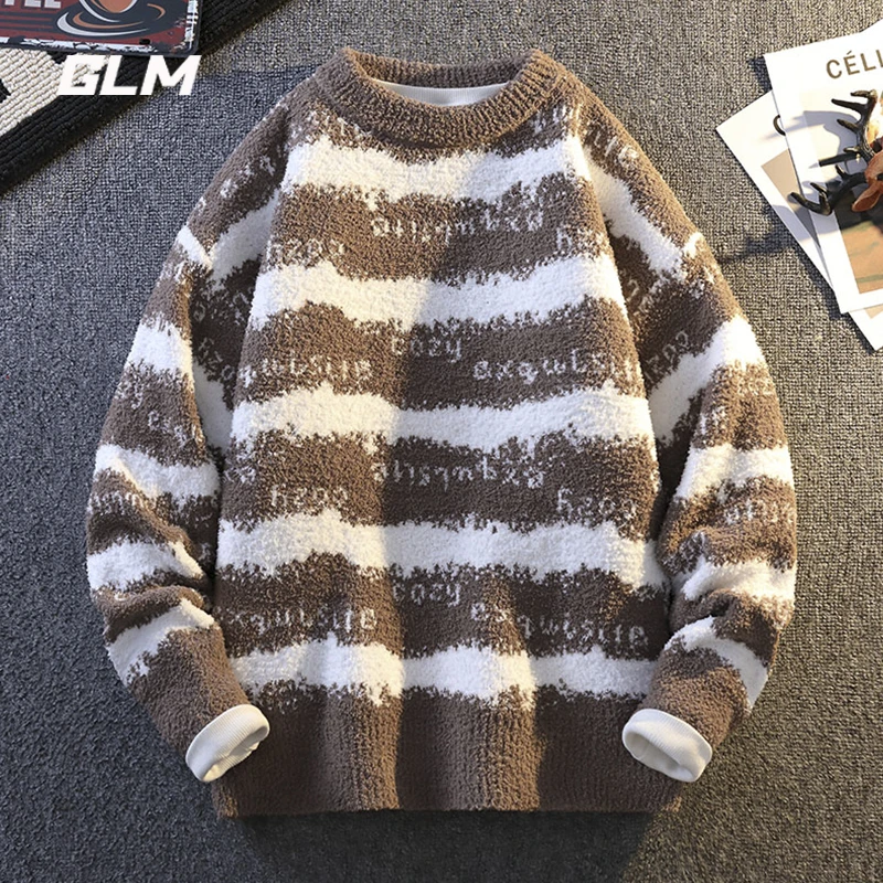 GLM圆领毛衣男秋冬季条纹撞色青少年潮流休闲宽松慵懒风保暖线衣