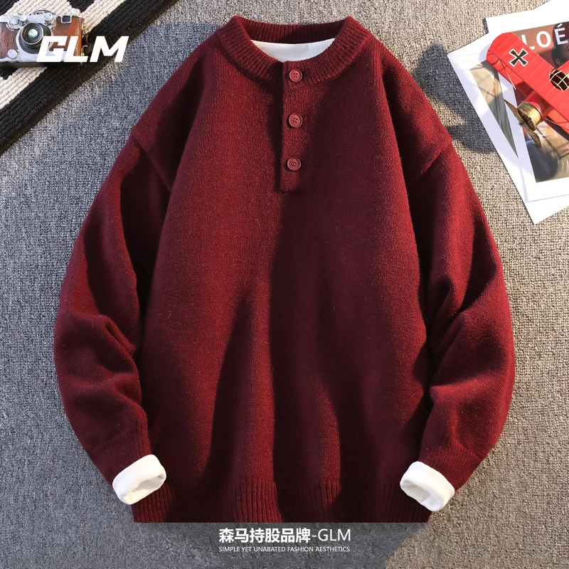 GLM新年红圆领毛衣男秋冬季本命年三粒扣纯色内搭慵懒保暖毛线衣