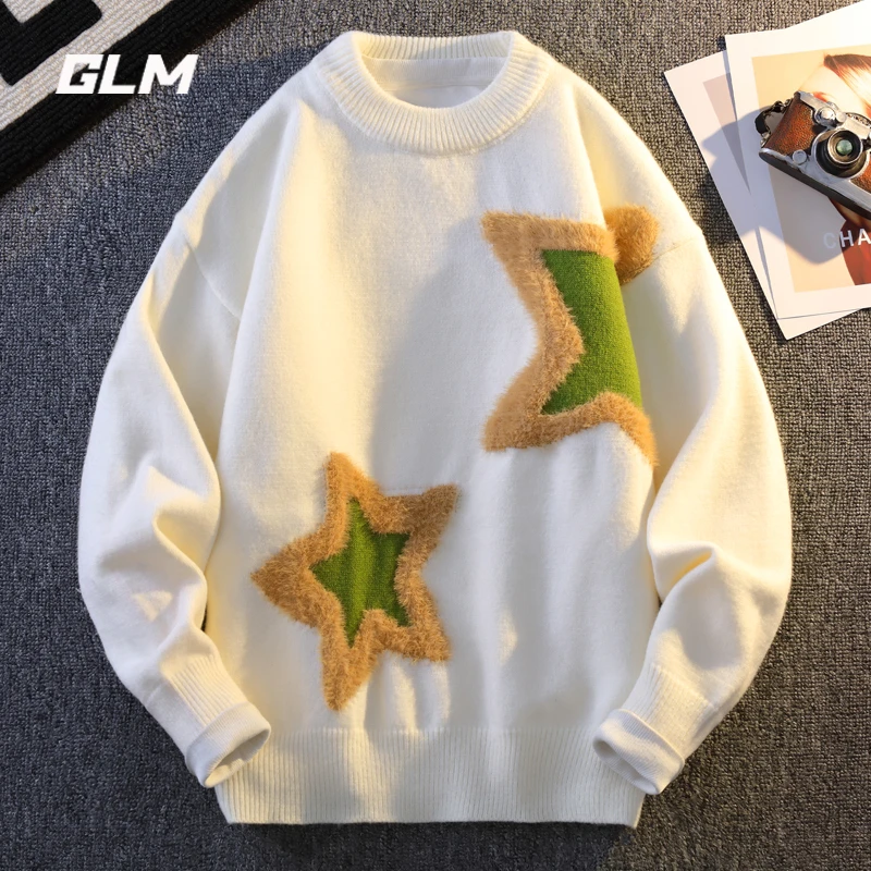 GLM提花圆领毛衣男秋冬季美式休闲青少年星星设计感慵懒保暖线衣